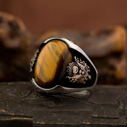 Classy Gentle Tiger Eye Men Ring With Coat of Arms
