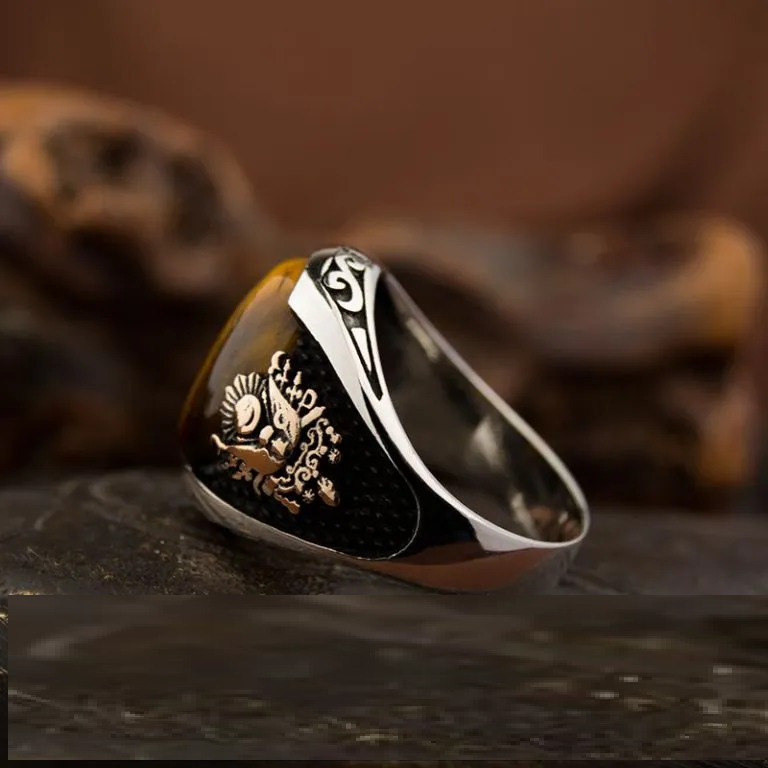 Classy Gentle Tiger Eye Men Ring With Coat of Arms