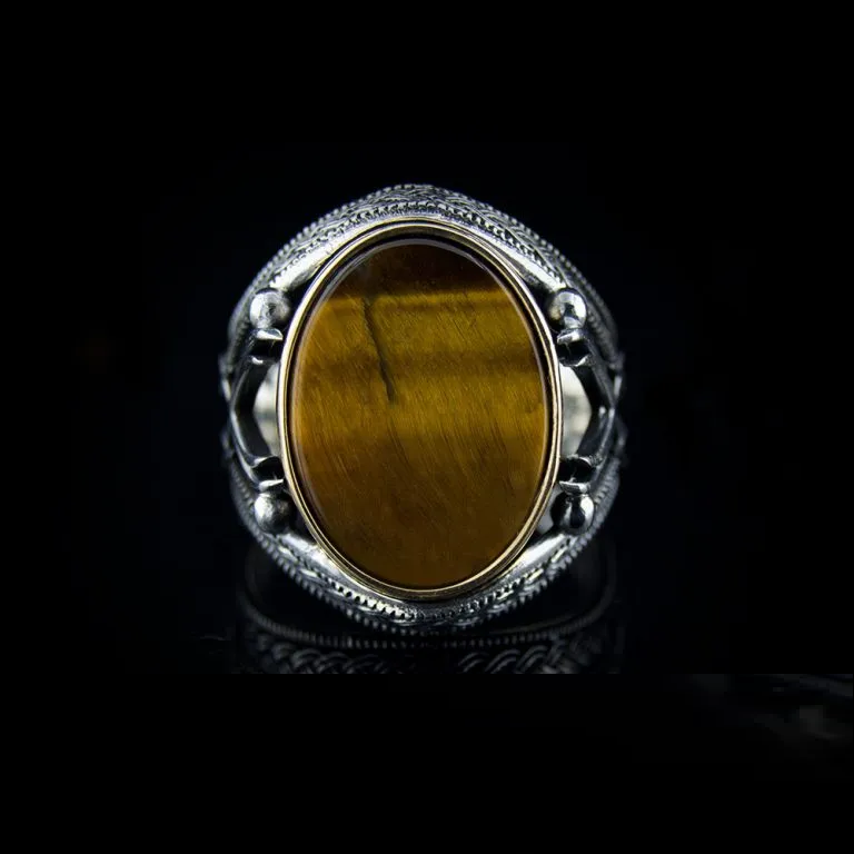 Tiger Eye Silver Ring with Double Swords Figure