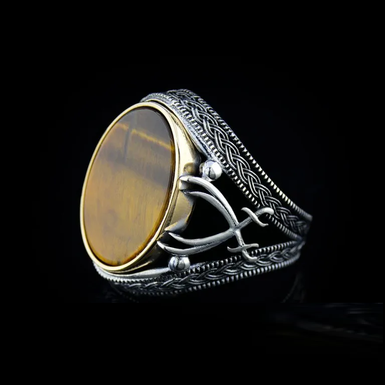 Tiger Eye Silver Ring with Double Swords Figure