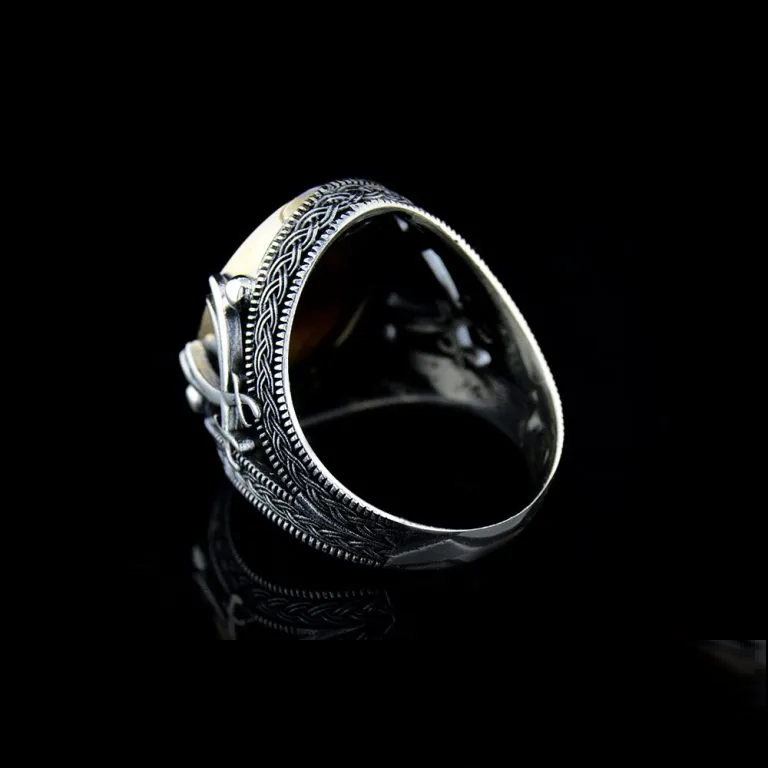 Tiger Eye Silver Ring with Double Swords Figure