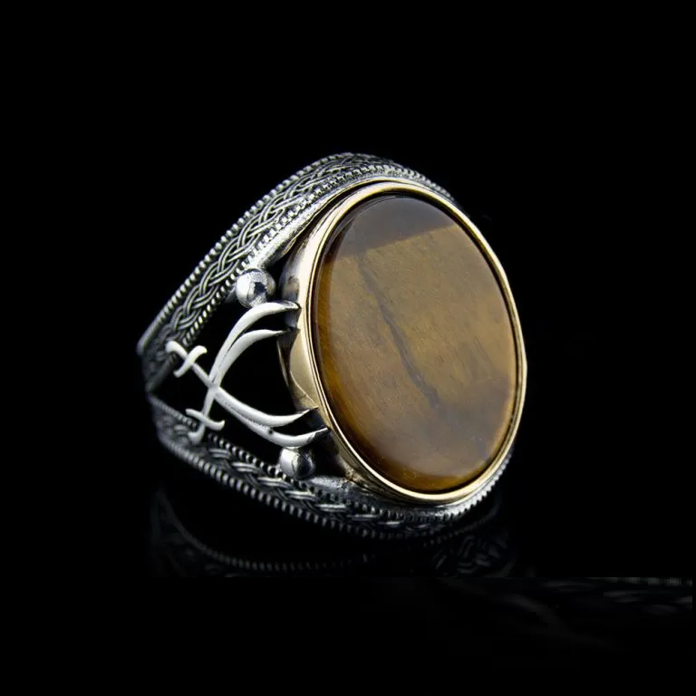 Tiger Eye Silver Ring with Double Swords Figure