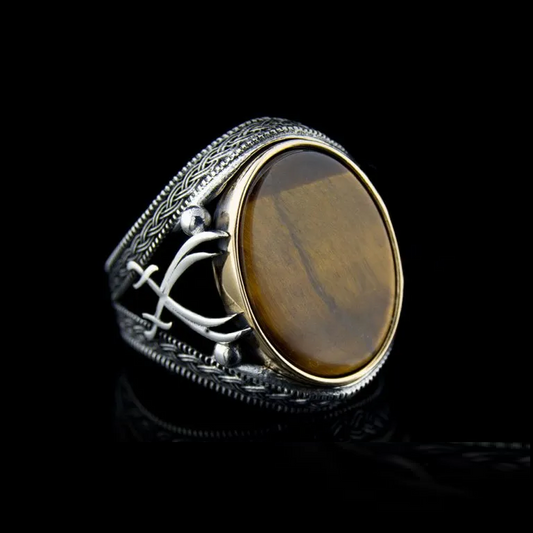 Tiger Eye Silver Ring with Double Swords Figure