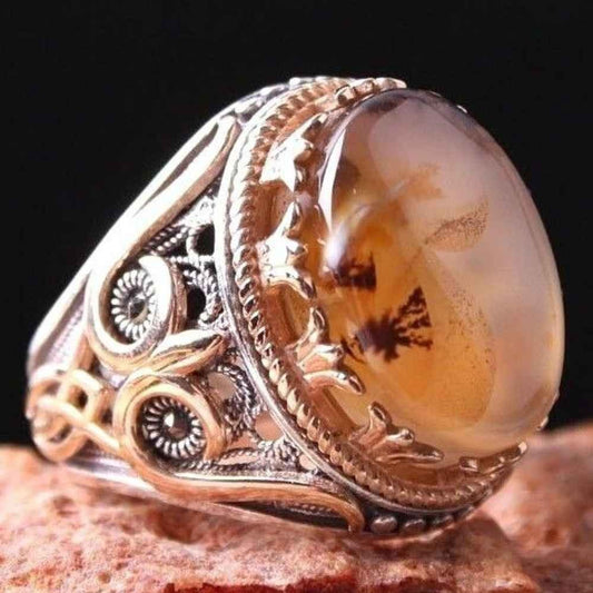 Authentic Yemeni Agate Stone Handmade Silver Mens Ring