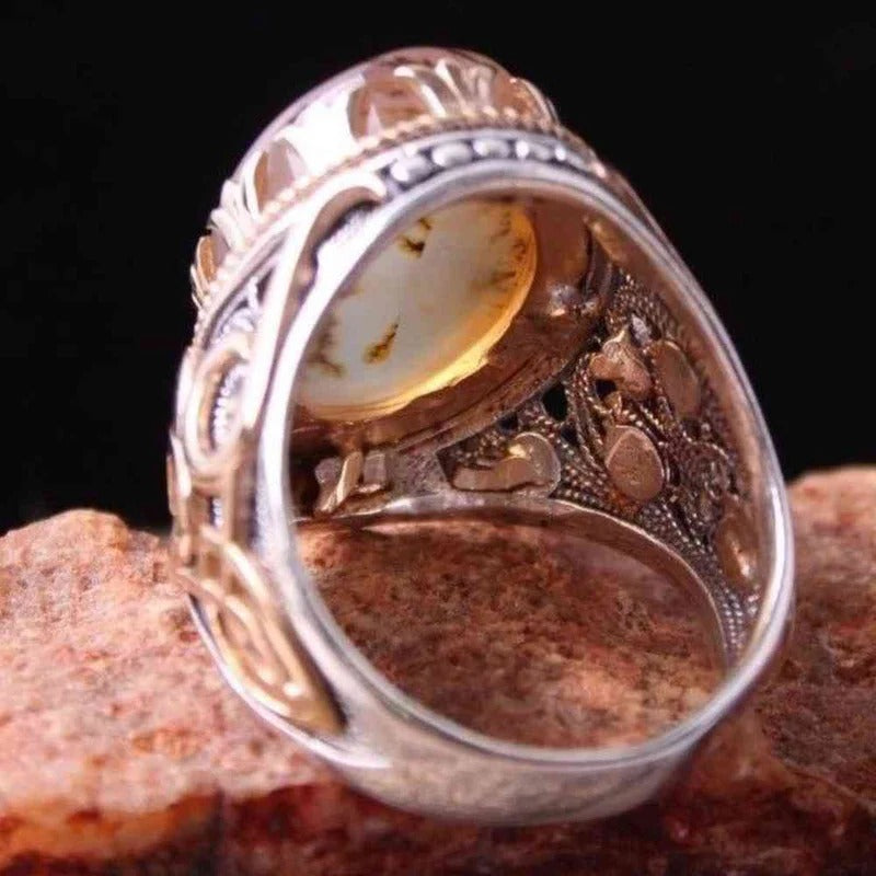 Authentic Yemeni Agate Stone Handmade Silver Mens Ring