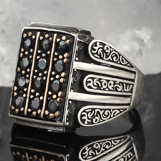 Black Onyx Multi Stone Silver Mens Ring