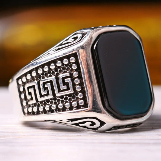 Classic Silver Black Onyx Stone Mens Ring