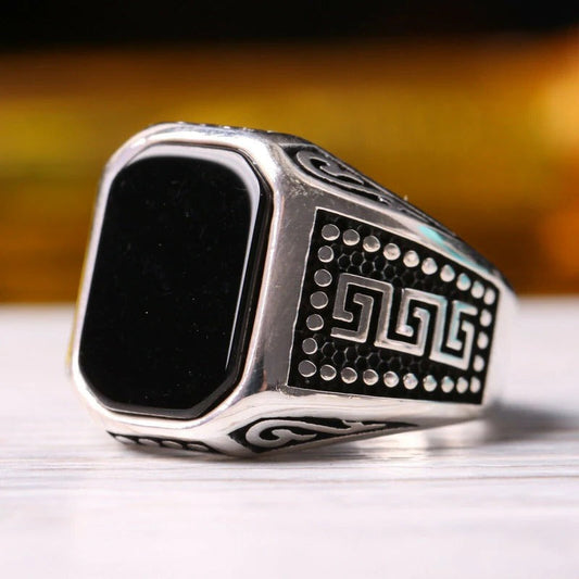 Classic Silver Black Onyx Stone Mens Ring