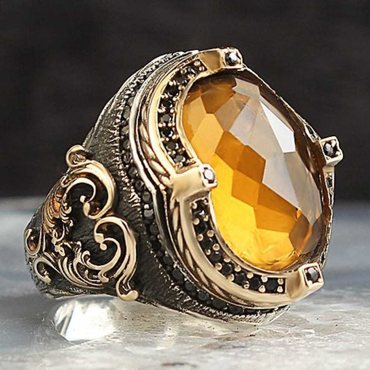 Crystal Citrine Stone Silver Mens Ring