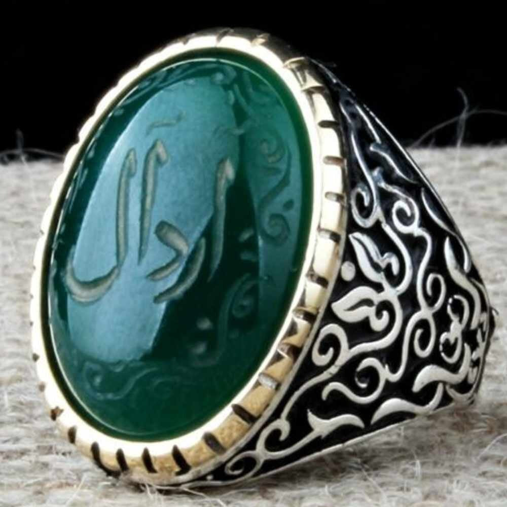 Customizable Green Agate Stone Silver Mens Ring