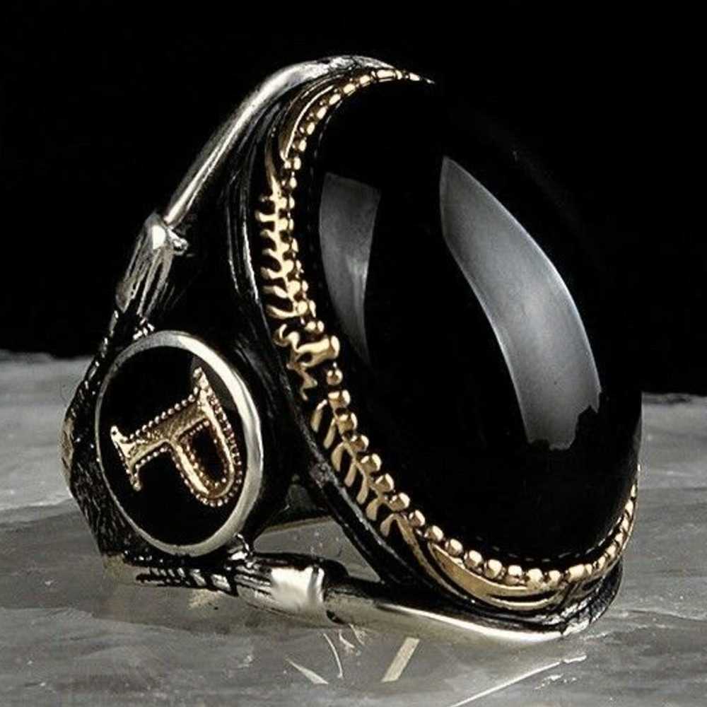 Customizable Letter Silver Onyx Stone Mens Ring