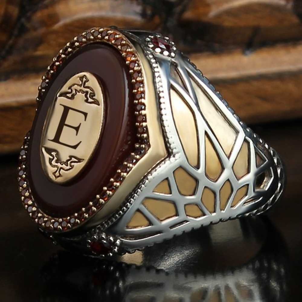 Customizable One Letter Silver Agate Personal Mens Ring