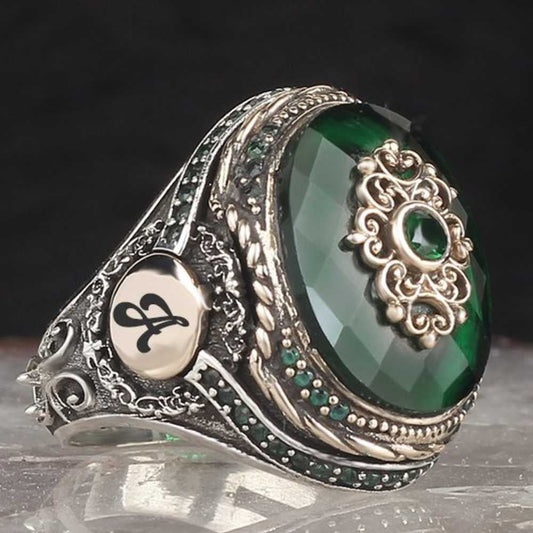 Customizable Special Silver Emerald Stone Heavy Mens Ring