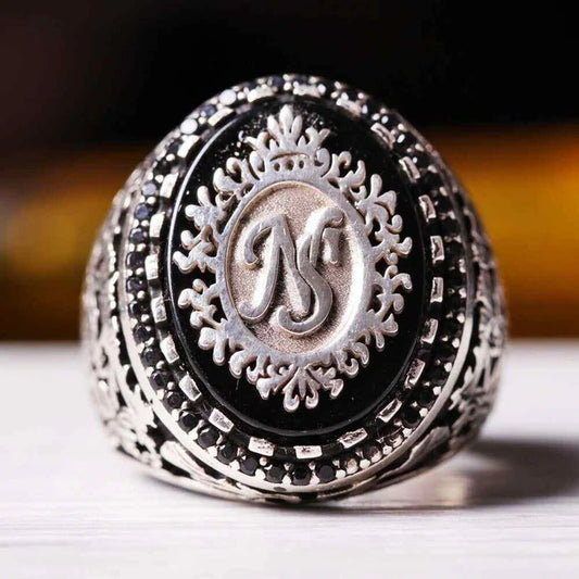 Customizable Special Logo Onyx Stone Silver Mens Ring