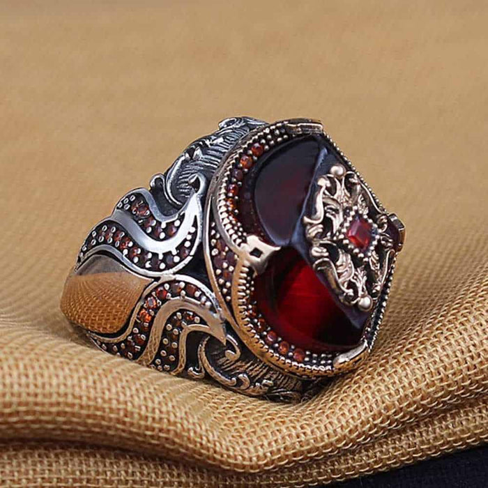 Different Cut Silver Ruby Stone Mens Ring