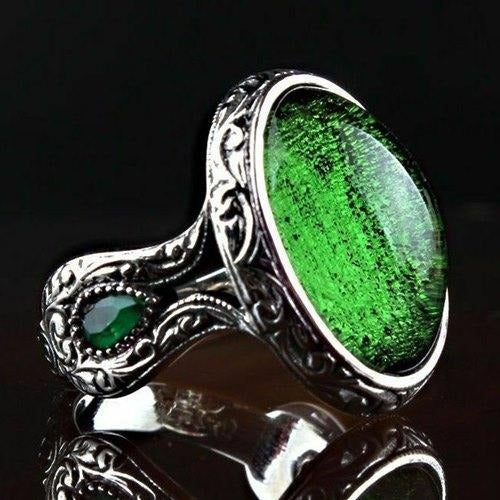 Drop Design Silver Emerald Stone Mens Ring
