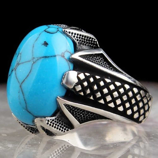 Elegant Blue Turquoise Stone Silver Mens Ring