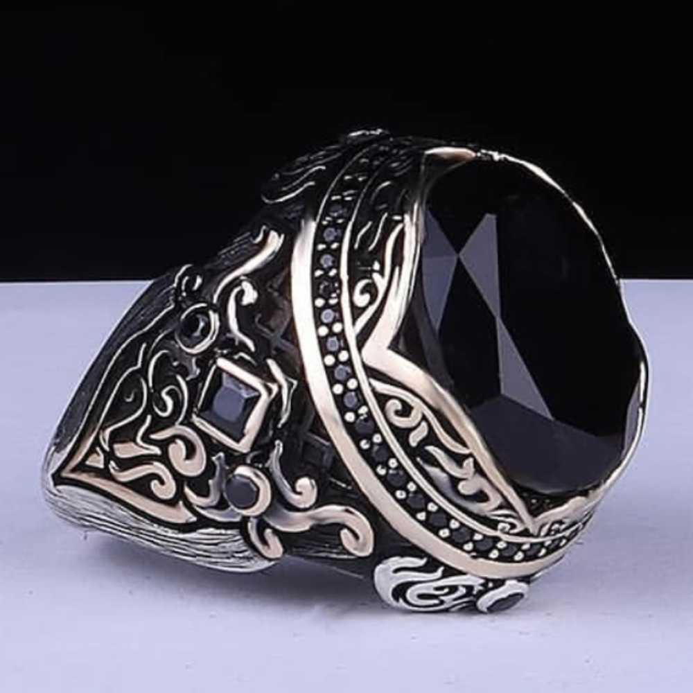 Elegant Natural Onyx Stone Silver Mens Ring