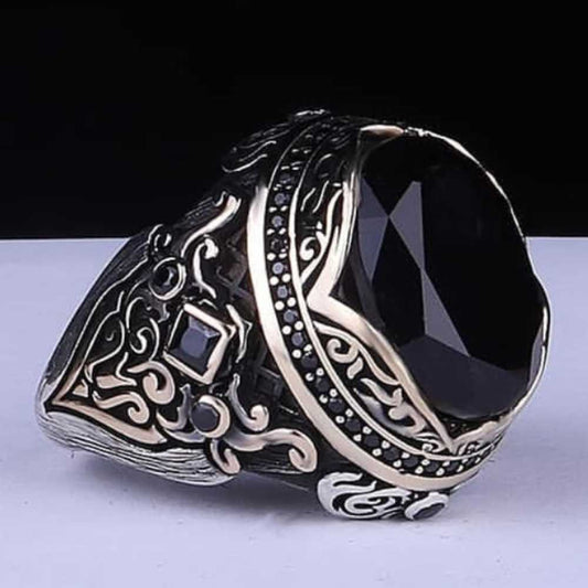Elegant Natural Onyx Stone Silver Mens Ring