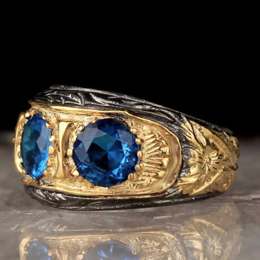 Elegant Three Aquamarine Stone Silver Handmade Mens Ring