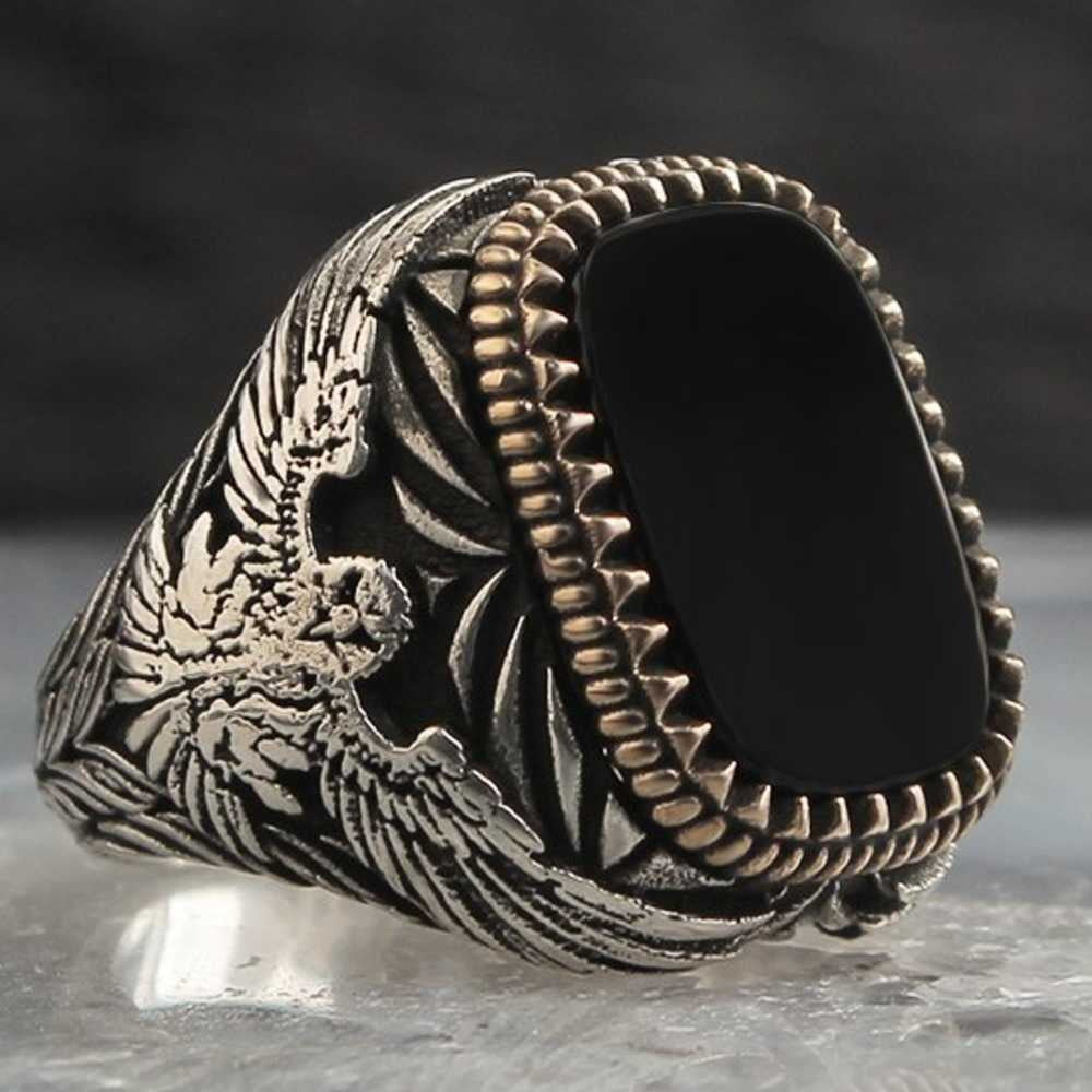 Exclusive Silver Eagle Style Onyx Stone Mens Ring –