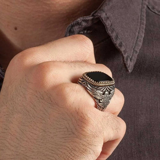 Exclusive Silver Eagle Style Onyx Stone Mens Ring –