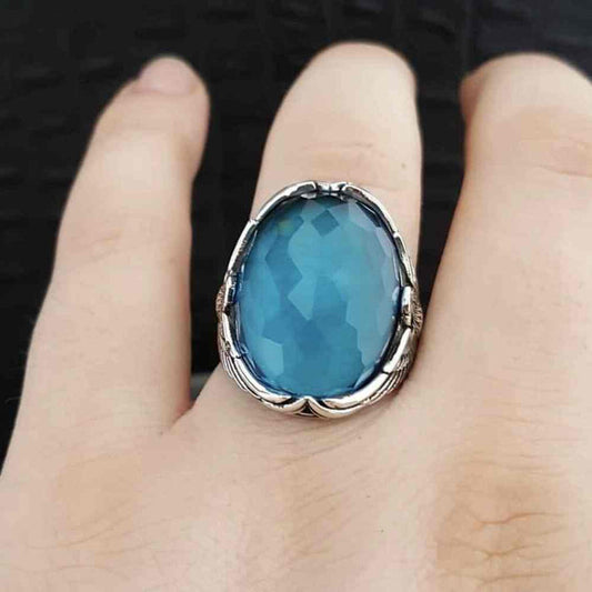 Faceted Aquamarine Luxury Cut Eagle Style Silver Mens Ring