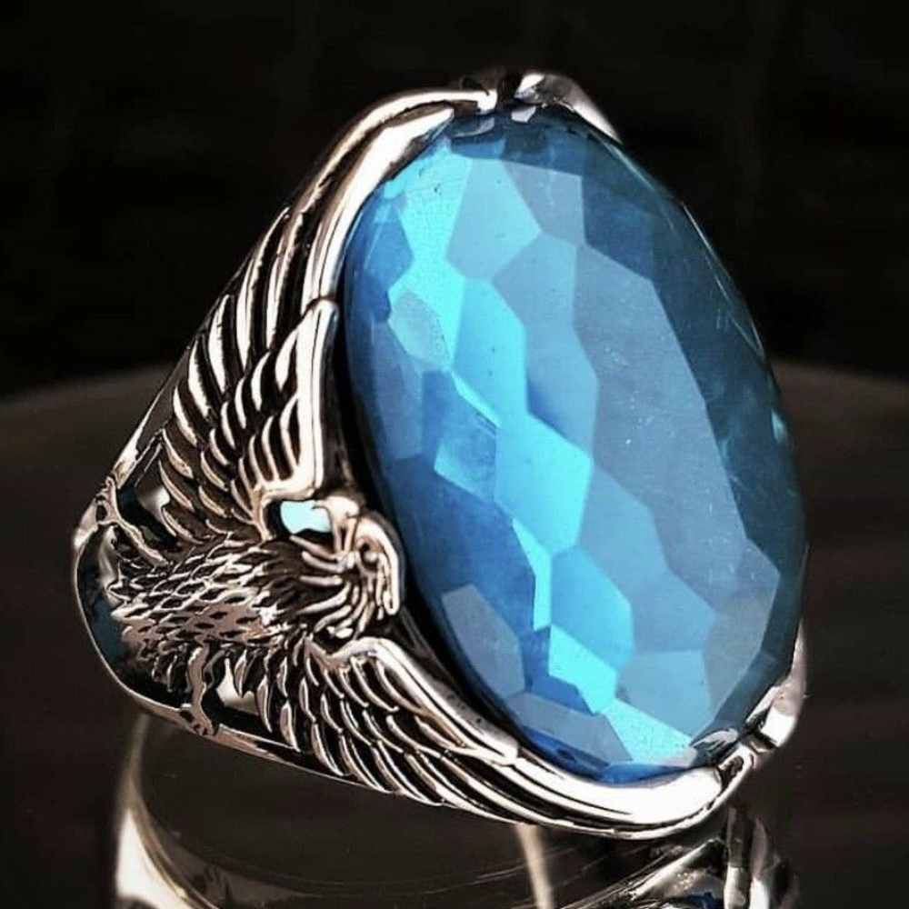 Faceted Aquamarine Luxury Cut Eagle Style Silver Mens Ring