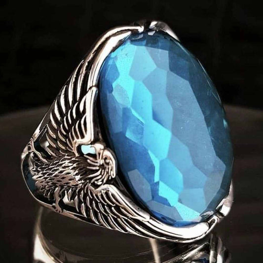 Faceted Aquamarine Luxury Cut Eagle Style Silver Mens Ring