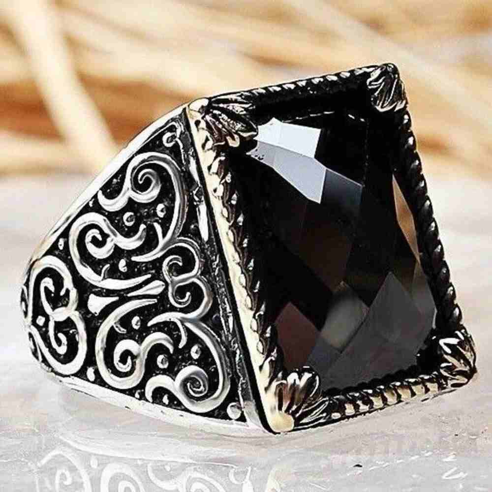 Faceted Onyx Stone Silver Mens Ring