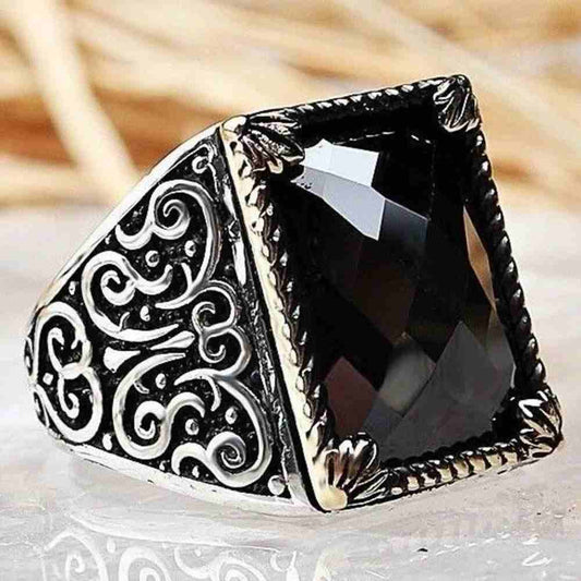 Faceted Onyx Stone Silver Mens Ring