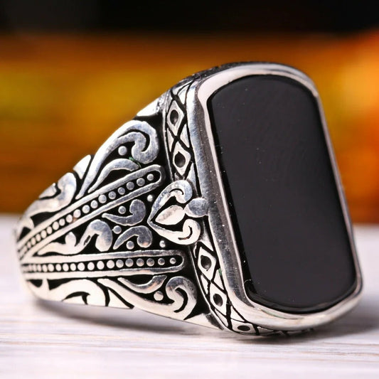 Fresh Silver Black Onyx Stone Mens Ring
