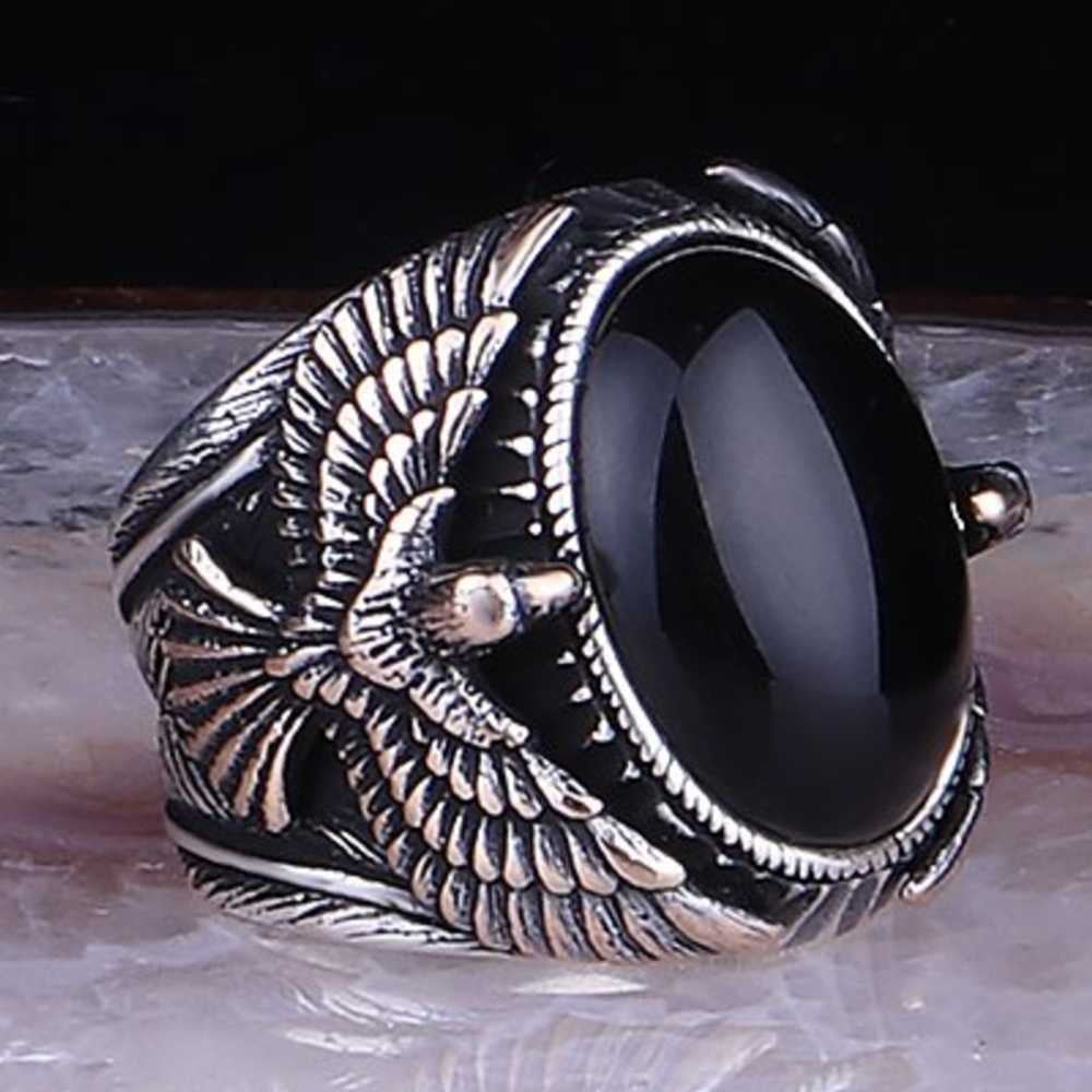 Great Eagle Style Natural Onyx Stone Silver Mens Ring