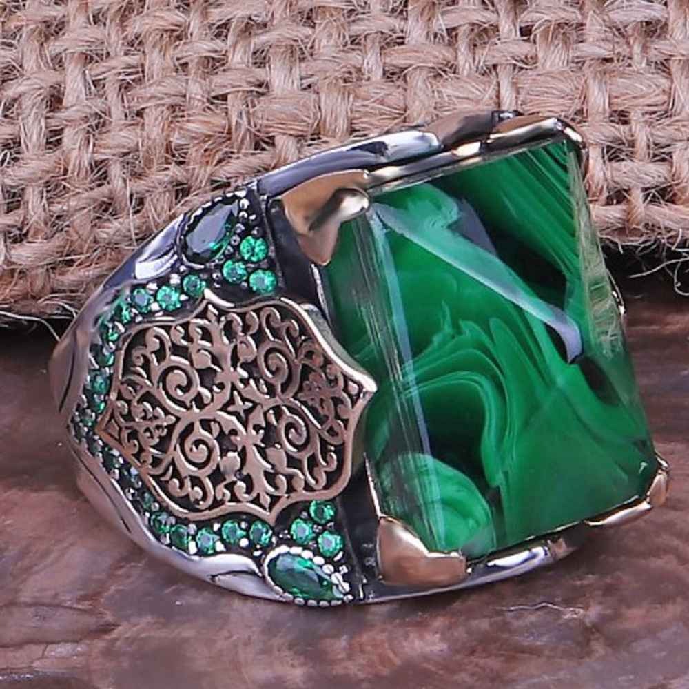 Green Silver Amber Stone Ring for Men
