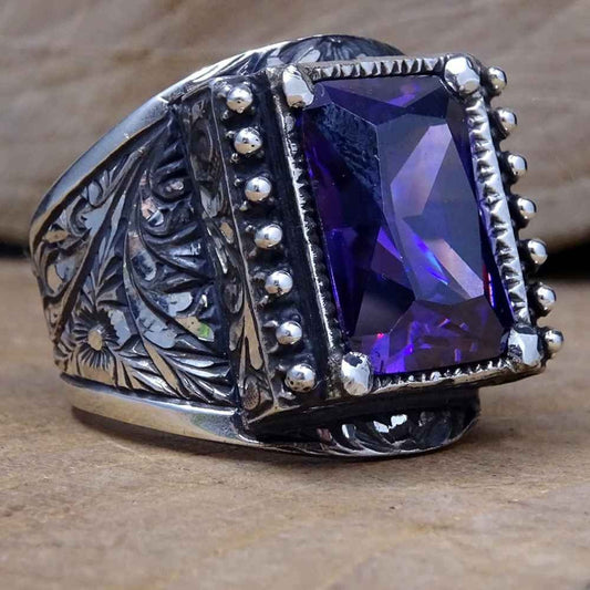 Hand Engraved Luxury Silver Amethyst Mens Ring