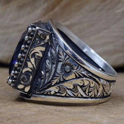 Hand Engraved Luxury Silver Amethyst Mens Ring