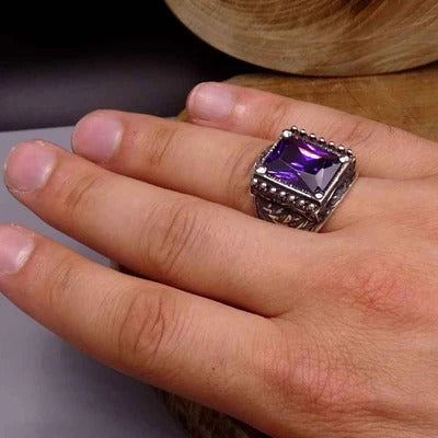 Hand Engraved Luxury Silver Amethyst Mens Ring