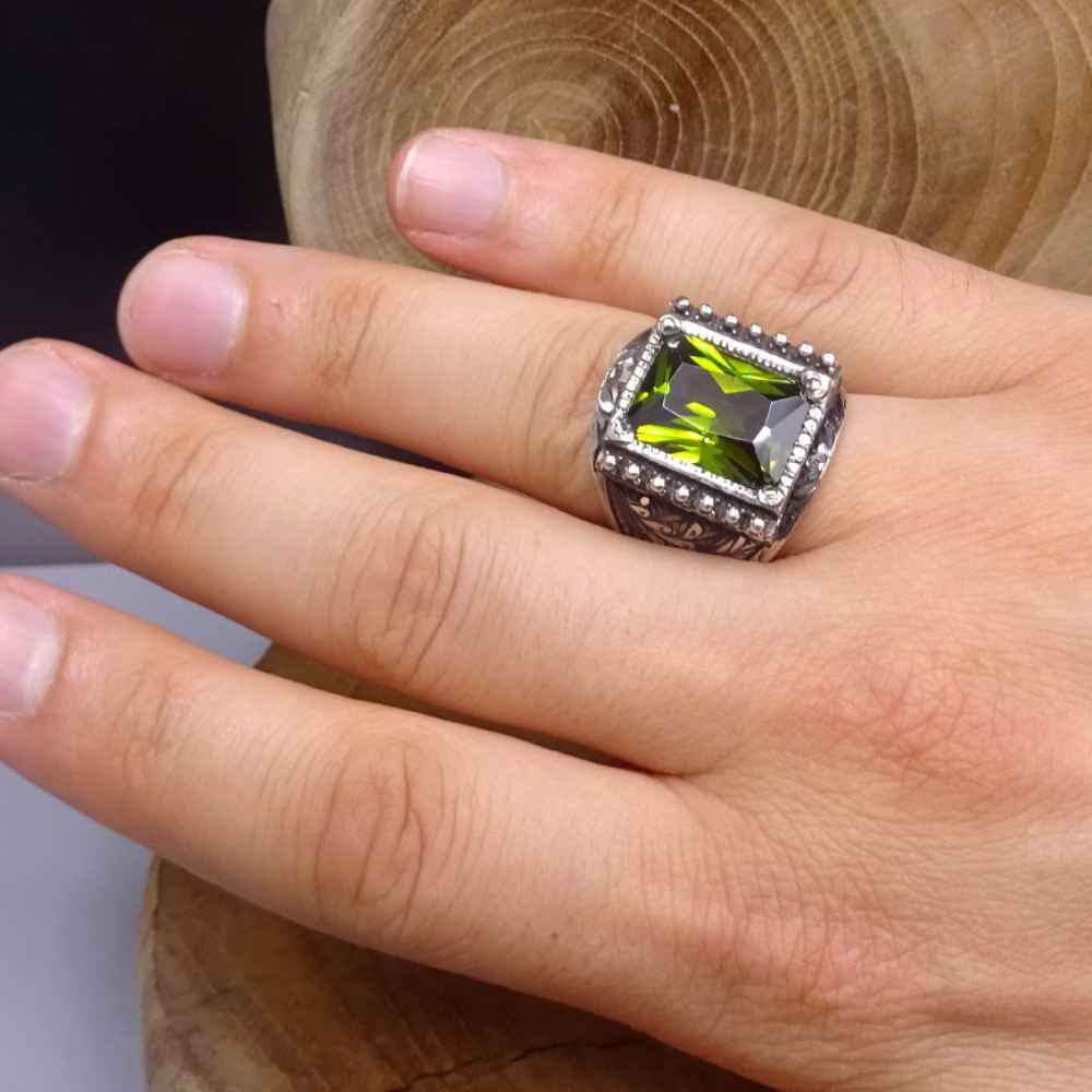 Hand Engraved Luxury Silver Peridot Mens Ring