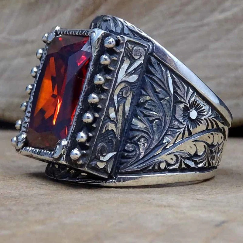 Hand Engraved Luxury Silver Ruby Mens Ring