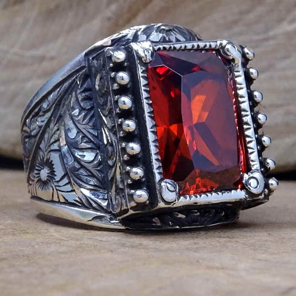 Hand Engraved Luxury Silver Ruby Mens Ring