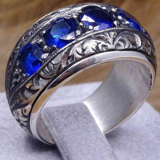 Hand Engraved Luxury Sapphire SilverElegant Mens Ring