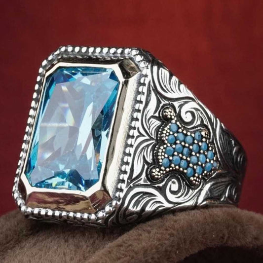 Hand Engraved Natural Aquamarine Silver Mens Ring
