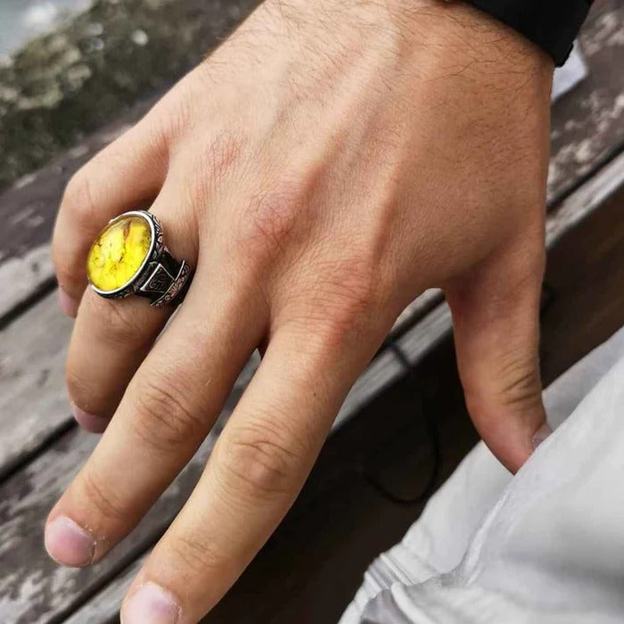 Hand Engraved Natural Drop Amber Silver Luxury Mens Ring