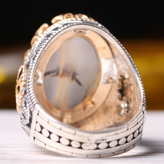 Handmade SilverFull Natural Yemeni Agate Aqeeq Mens Ring