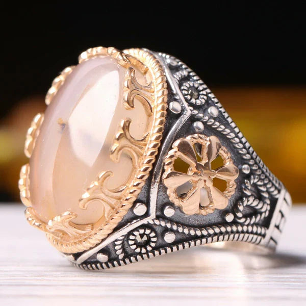Handmade SilverFull Natural Yemeni Agate Aqeeq Mens Ring