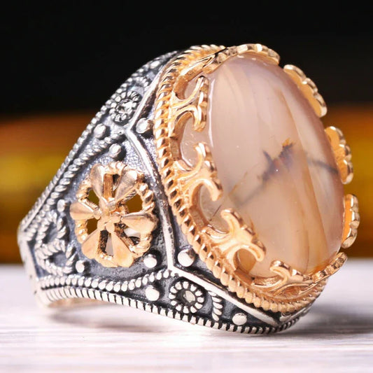 Handmade SilverFull Natural Yemeni Agate Aqeeq Mens Ring