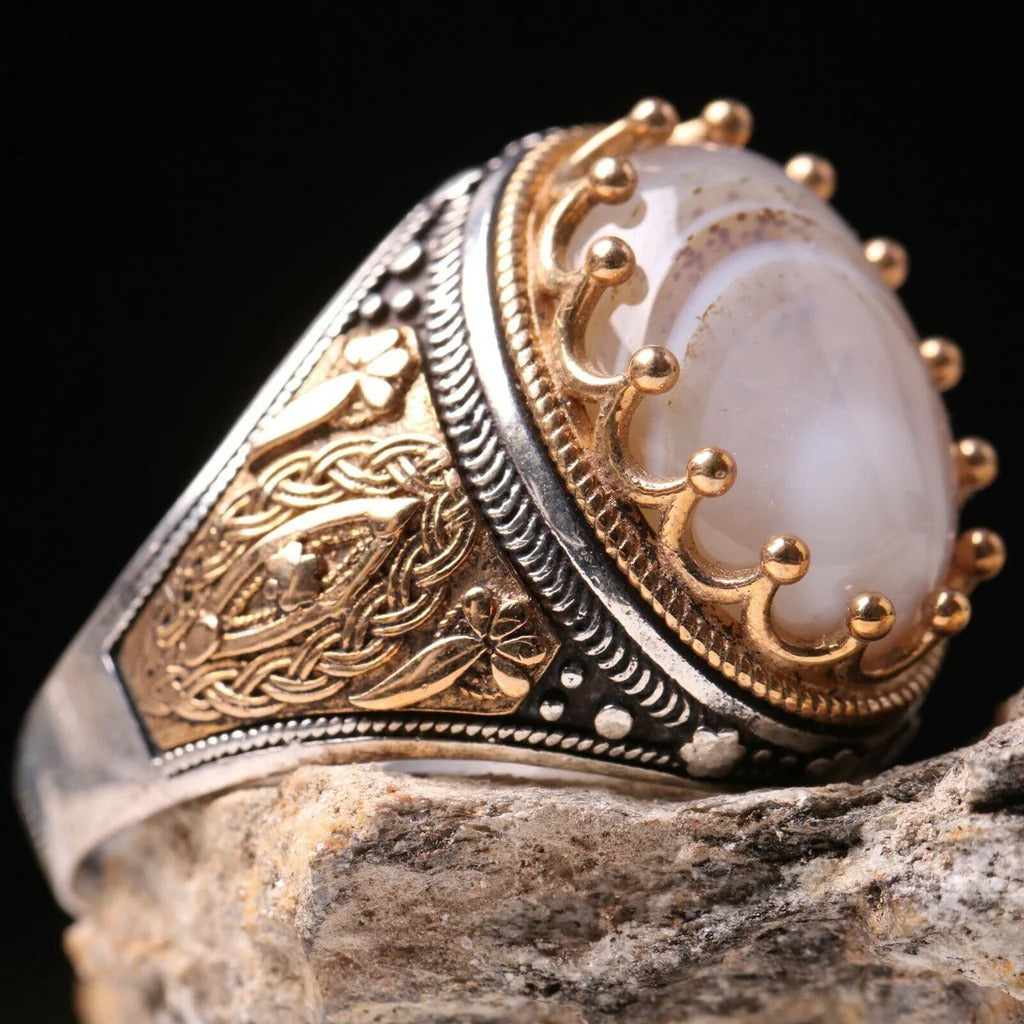 Handmade SilverNatural Yemeni Agate Aqeeq Mens Ring