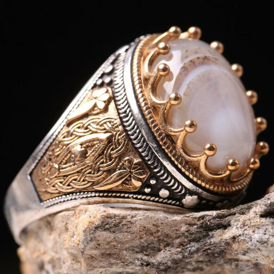 Handmade SilverNatural Yemeni Agate Aqeeq Mens Ring