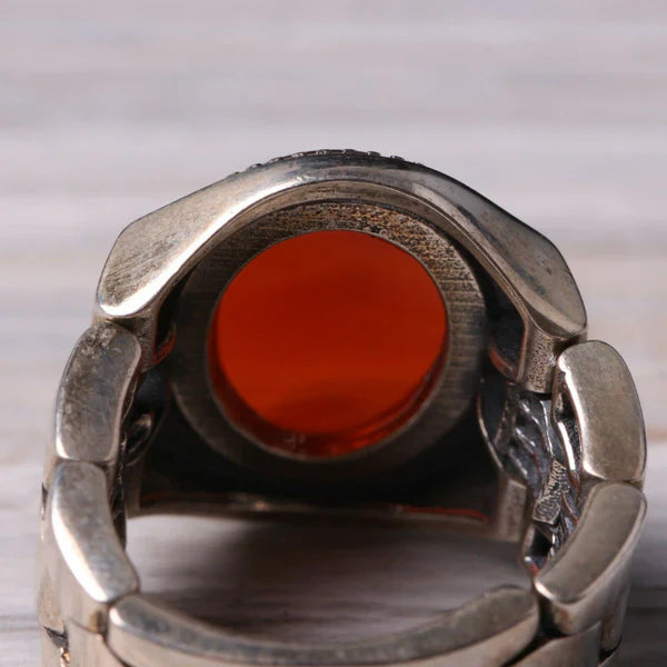 Handmade Silver Clock Style Agate Aqeeq Stone Mens Ring