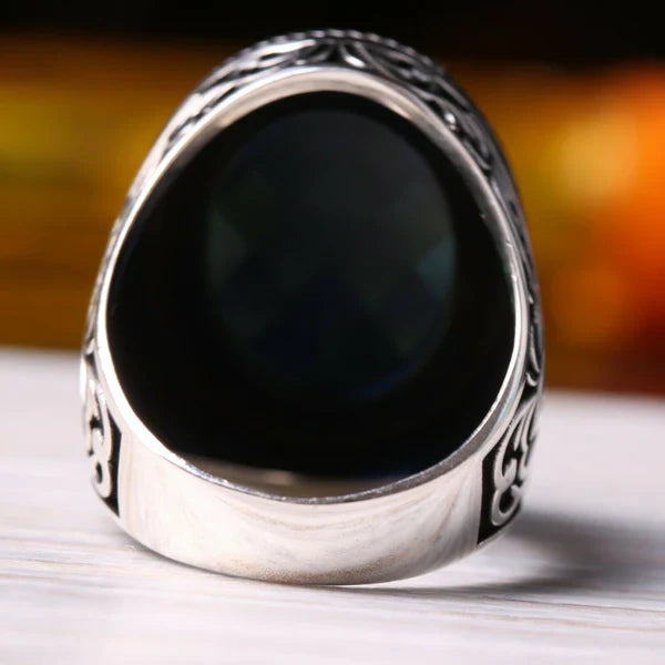 Handmade Silver Facet Sapphire Stone Mens Ring
